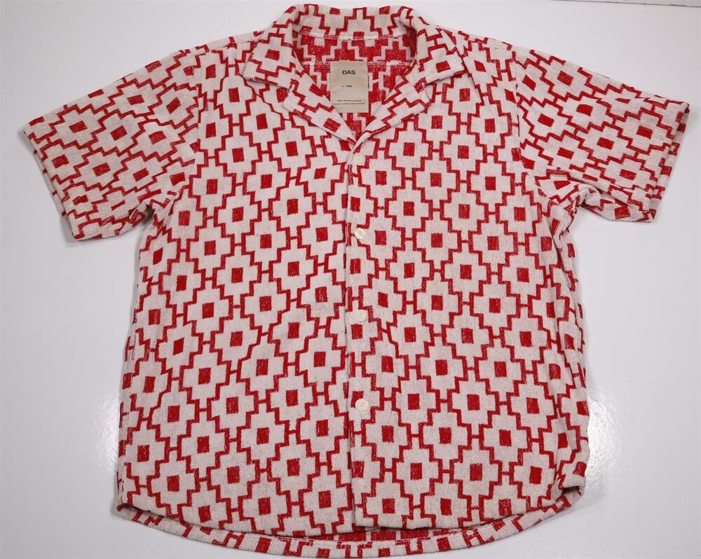 OAS Machu Soft Terry Cloth Camp Short Sleeve Red White Button-Up Shirt XXL